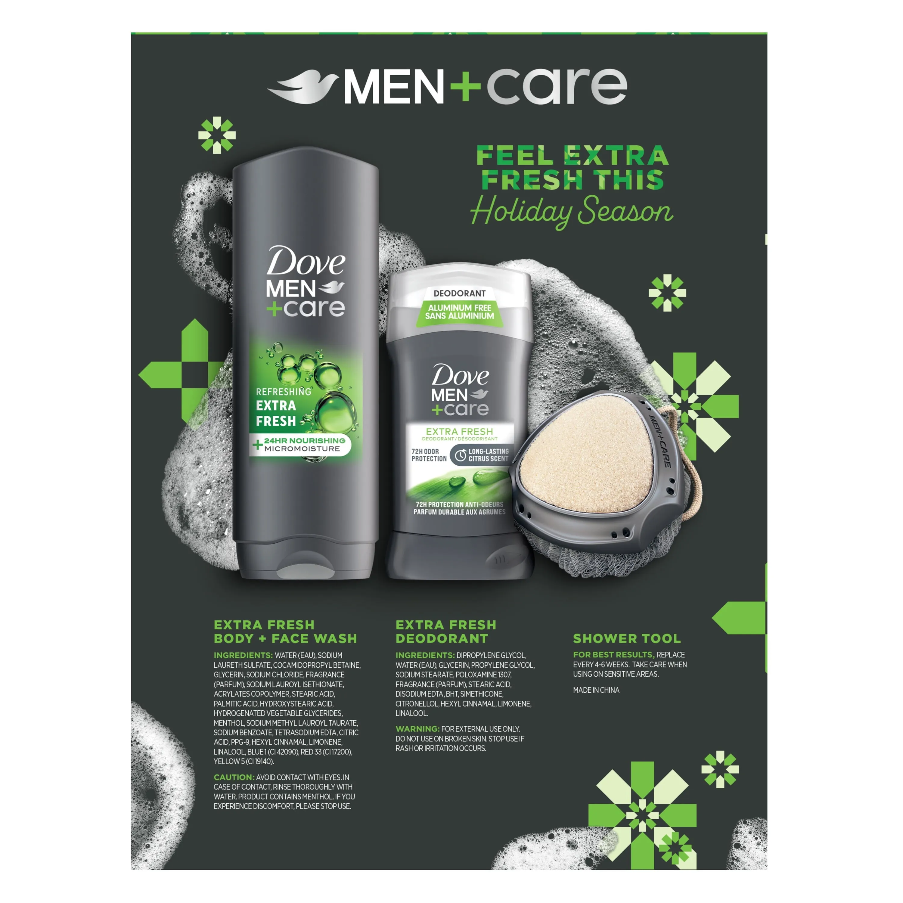 Dove Men Care Festive Fresh Holiday Men's Gift Set Body   Fash Wash Deodorant Stick & Shower Tool, 3 Count