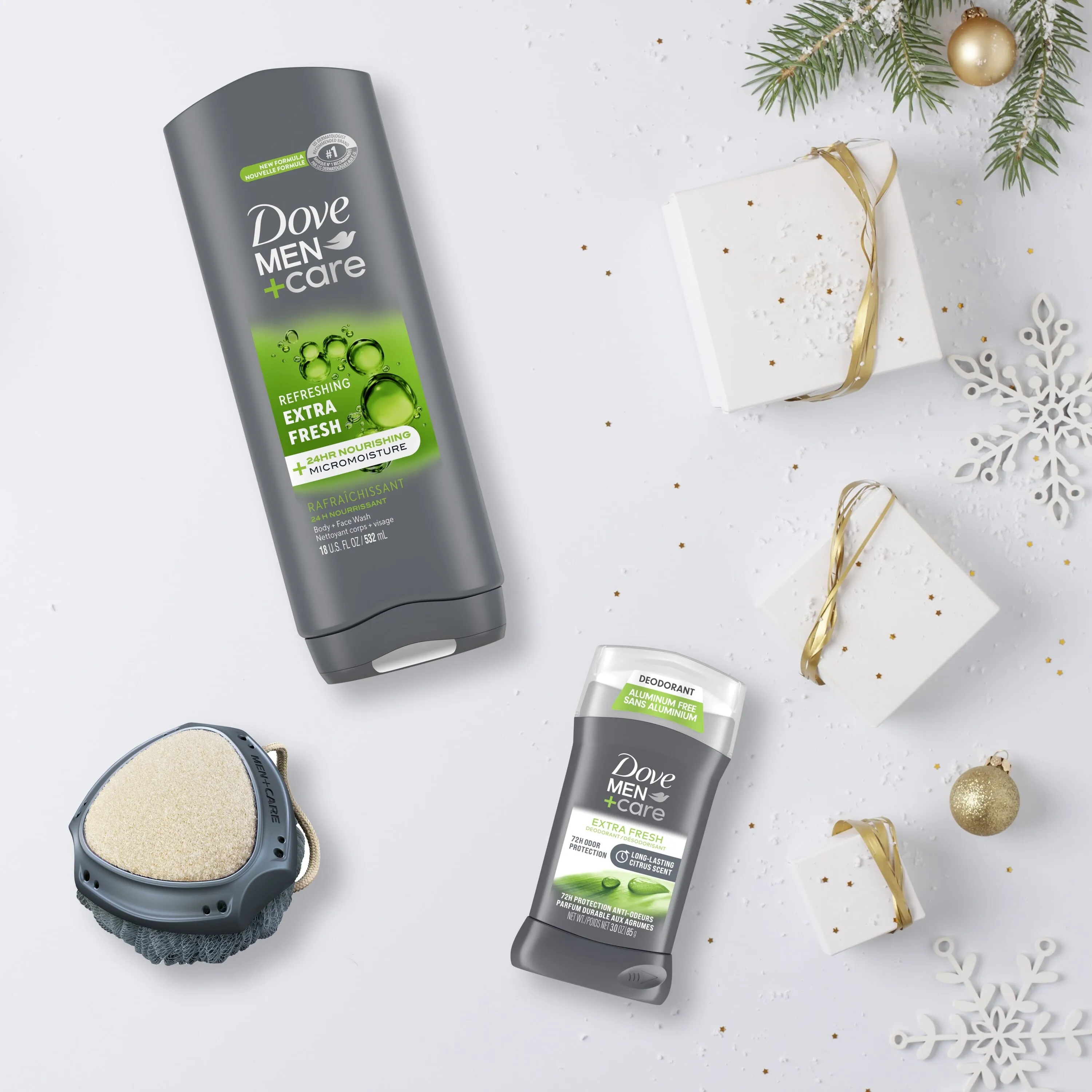 Dove Men Care Festive Fresh Holiday Men's Gift Set Body   Fash Wash Deodorant Stick & Shower Tool, 3 Count