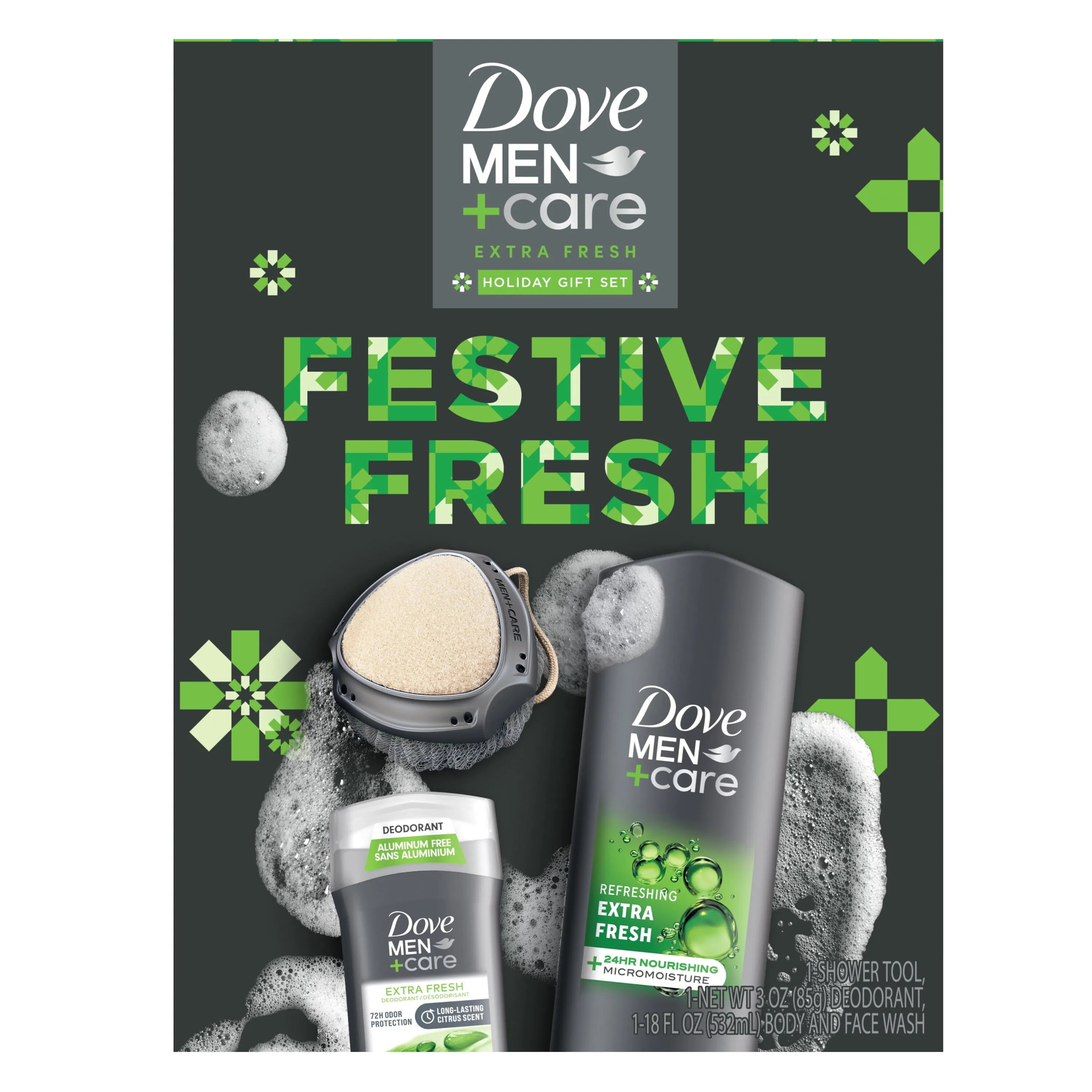 Dove Men Care Festive Fresh Holiday Men's Gift Set Body   Fash Wash Deodorant Stick & Shower Tool, 3 Count