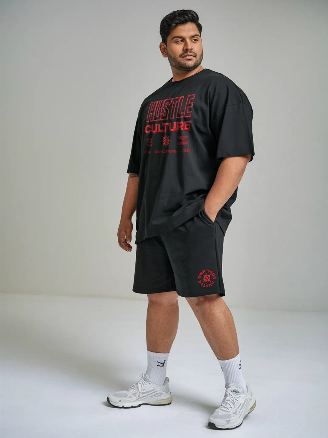 Hustle Culture Cotton Mens T Shirt and Shorts Combo Set (Plus Size)