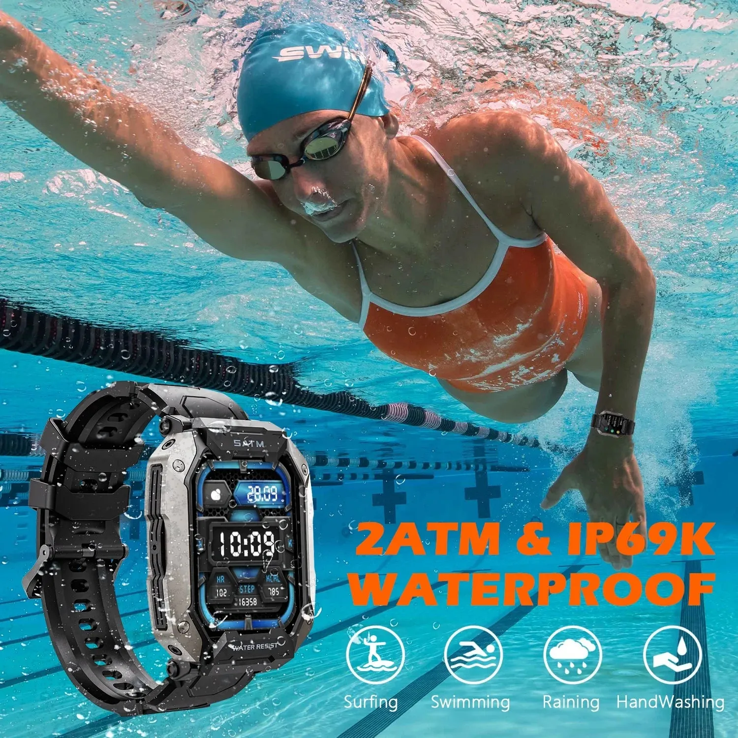 Military Smart Watches for Men, 1.81'' HD Outdoor Sports Rugged Smartwatch for Android and iPhone Compatible, Black