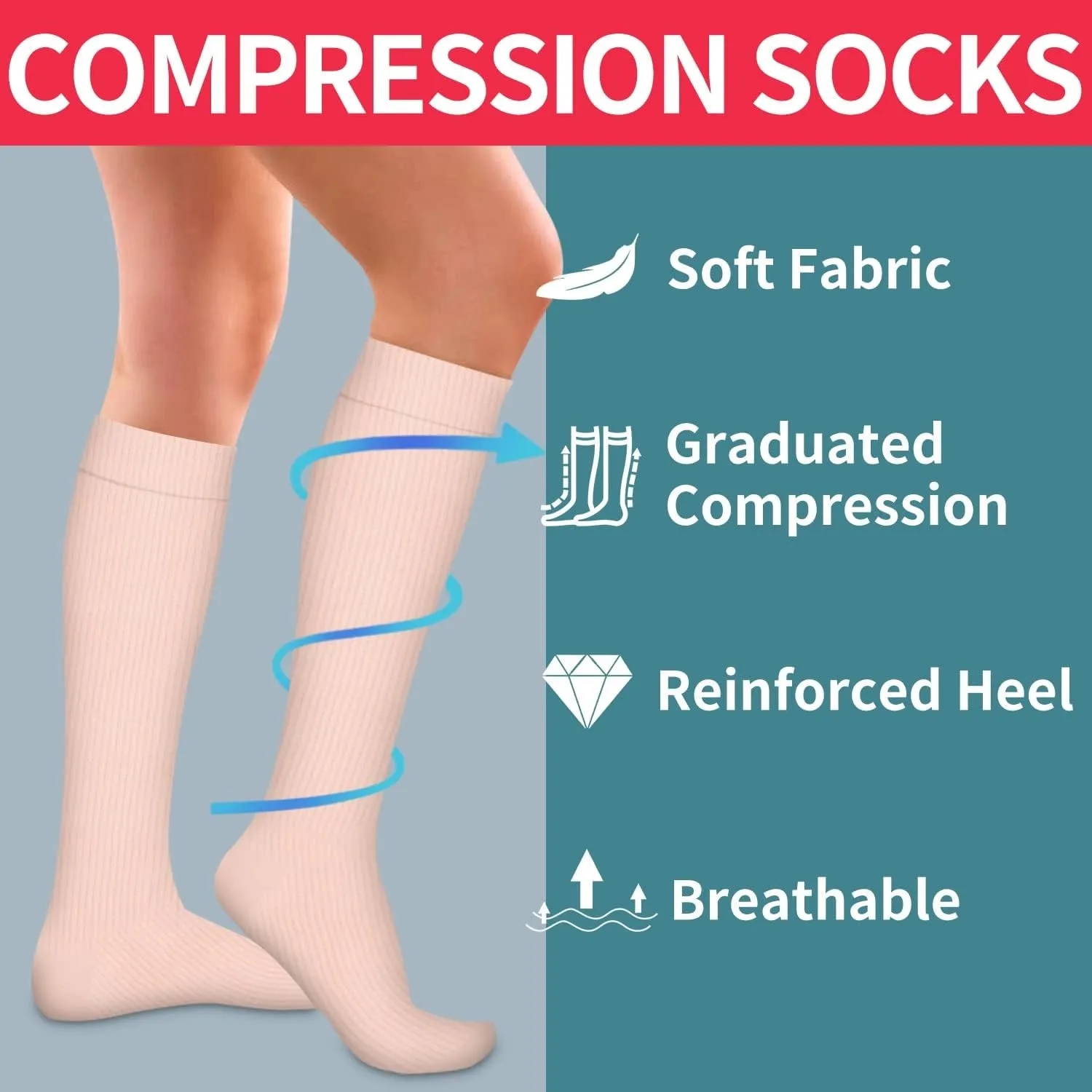 ROYALUCK 6 Pairs Compression Socks, Medical Athletic Calf Socks for Injury Recovery & Pain Relief