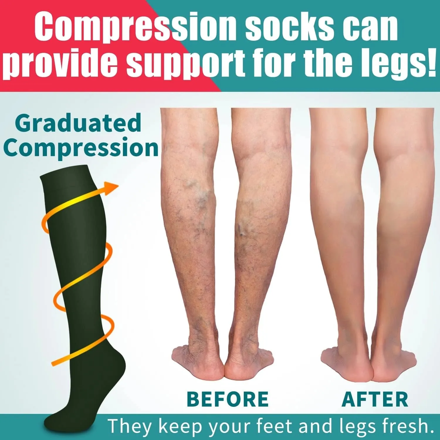 ROYALUCK 6 Pairs Compression Socks, Medical Athletic Calf Socks for Injury Recovery & Pain Relief